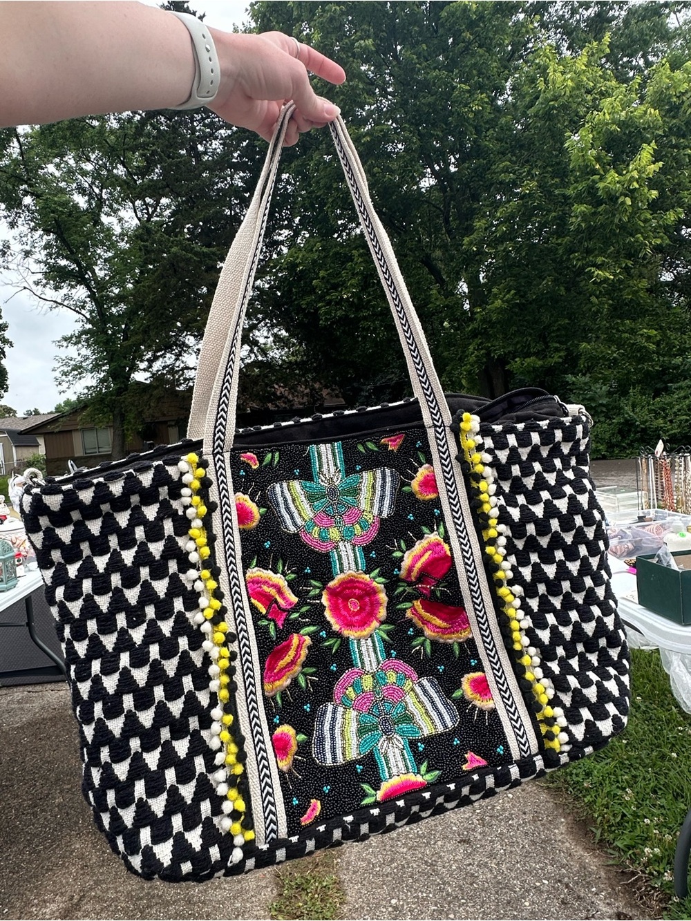 America and Beyond Black Embroidered Floral Tote with Yellow Pom Trim